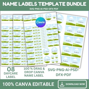 Pode incluir: Um pacote de modelos de etiquetas de nome imprimíveis em vários tamanhos, incluindo 4,5 x 6 cm, 3 x 3 cm e 8 x 8 cm. O design apresenta uma cena de paisagem. Os modelos são 100% editáveis no Canva e estão disponíveis nos formatos SVG, PNG, AI, PSD e DFX.
