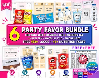 Party Favor Vorlagen, Template Bundle, Gastgeschenke, Chip Bag Template, Capri Sun Etiketten, Schokoriegel Wrapper, Party Favor Mockups