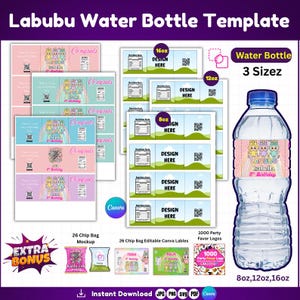 Labubu Water Bottle Template, Labubu Water Bottle, Labubu Chip Bag Template,  Party Favor Logos, Gradudation Chip bag, Labubu Party Favors