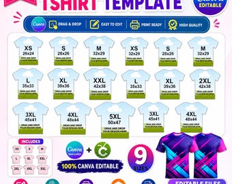 Plantilla de camiseta con estampado integral, diseño de camiseta en blanco editable en Canva, plantilla de camiseta para sublimación integral, diseño de camiseta con función de arrastrar y soltar, descarga instantánea.