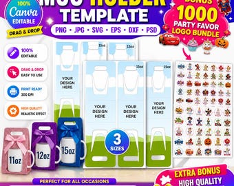 Plantillas para portavasos, 11 oz, 15 oz, caja para tazas, empaque para tazas, caja de regalo, caja para recuerdos de fiestas, Canva editable con función de arrastrar y soltar.