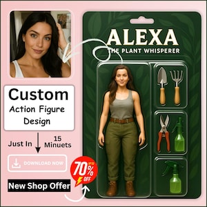 May include: A green and black action figure packaging with a woman in a green tank top and khaki pants. The packaging says "Alexa The Plant Whisperer" and includes gardening tools.