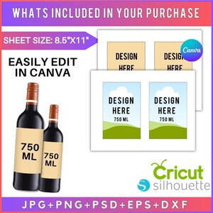 The image is a promotional advertisement for a Photoshop canvas product. It features two bottles of wine labeled as "750 ML" and includes a sheet size of 8.5 x 11 inches, a "Canva" logo, and a "Cricut silhouette" logo. The advertisement also includes a "JPG + PNG + PSD + EPS + Dxf" format, and the text "WHATS IN YOUR PURCHASE" is displayed at the top.