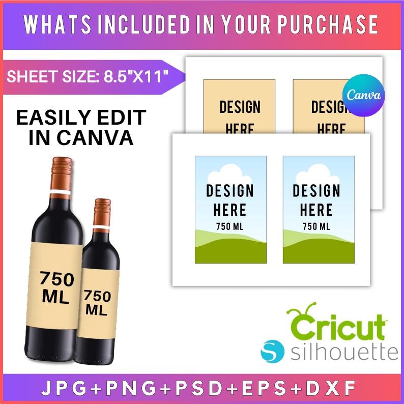 The image is a promotional advertisement for a Photoshop canvas product. It features two bottles of wine labeled as "750 ML" and includes a sheet size of 8.5 x 11 inches, a "Canva" logo, and a "Cricut silhouette" logo. The advertisement also includes a "JPG + PNG + PSD + EPS + Dxf" format, and the text "WHATS IN YOUR PURCHASE" is displayed at the top.