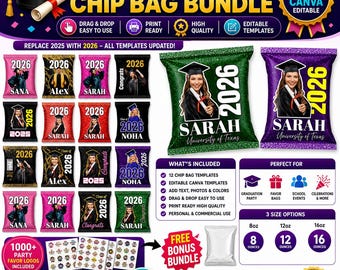 Abitur-Chip-Beutel-Bundle, Abitur-Vorlagen, Graduierung 2026, Mitbringsel-Mockups, Chipbeutel-Vorlage, Partygeschenke, bearbeitbare Canva, SVG