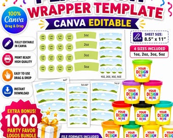 Paquete de plantillas para envoltorios de plastilina Play-Doh / Etiquetas editables para plastilina en Canva / Envoltorios para recuerdos de fiesta de 1 oz, 2 oz, 3 oz, 5 oz / Recuerdos de fiesta de cumpleaños infantiles hechos en casa