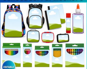 Material escolar, paquete de maquetas para la vuelta al cole, plantillas editables de Canva, vuelta al cole, cuaderno de composición, pegamento, lápiz, crayón, libro DIY