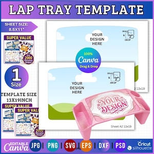 Puede incluir: Una plantilla de bandeja para regazo rosa con el texto "TU DISEÑO AQUÍ" y "PLANTILLA DE BANDEJA PARA REGALO". El tamaño de la plantilla es de 33 x 48 cm. La imagen también incluye el logotipo de Canva e iconos de tipo de archivo.