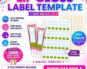 Lip Gloss Label Template Canva Editable | Lip Gloss Sticker SVG PNG | Custom Lip Gloss Labels Cosmetic Packaging Template  DIY Lip Gloss