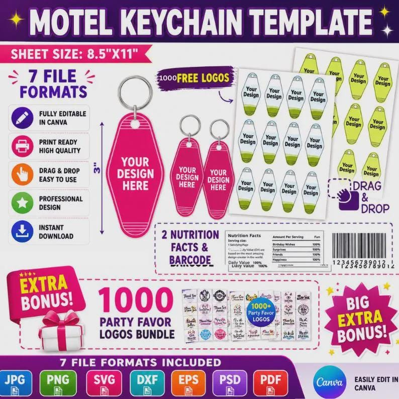 May include: A pink motel keychain template with the text "YOUR DESIGN HERE". The image includes a sheet size of 8.5"x11", 7 file formats, and 1000 free logos. Also included are party favor logos and a bonus.