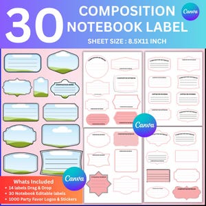 30 Composition Book Label svg Bundle, Notebook cover print, Composition Notebook Labels,Composition Book svg, Teacher gift Notebook Template