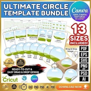 Puede incluir: Un paquete de plantillas digitales para diseños de círculos, con 13 tamaños, incluyendo círculos de 6,35 cm, 6,99 cm, 7,62 cm, 8,89 cm, 9,53 cm y 10,16 cm. El paquete incluye varios formatos de archivo y está listo para cortar y es fácil de arrastrar y soltar.
