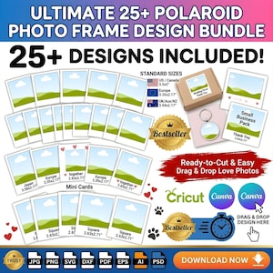 May include: A digital design bundle featuring over 25 Polaroid photo frame designs. Includes standard sizes for US/Canada (3.5x2 inches), Europe (3.35x2.17 inches), and UK/Aus/NZ (3.54x2.17 inches). Includes mini card designs.