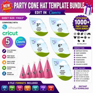 Könnte beinhalten: Ein Party-Kegelhut-Vorlagenpaket mit fünf Größen: 7.6 cm, 10.2 cm, 12.7 cm, 15.2 cm und 17.8 cm. Das Design ist vollständig in Canva bearbeitbar und enthält über 1000 Party-Gefälligkeitslogos. 8 Dateiformate.