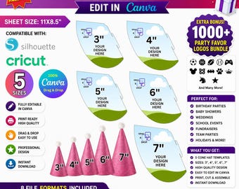 Paquete de plantillas editables de sombreros cónicos para fiestas en Canva, plantillas de sombreros cónicos para cumpleaños, plantillas imprimibles para sombreros cónicos, plantillas de sombreros en 5 tamaños.