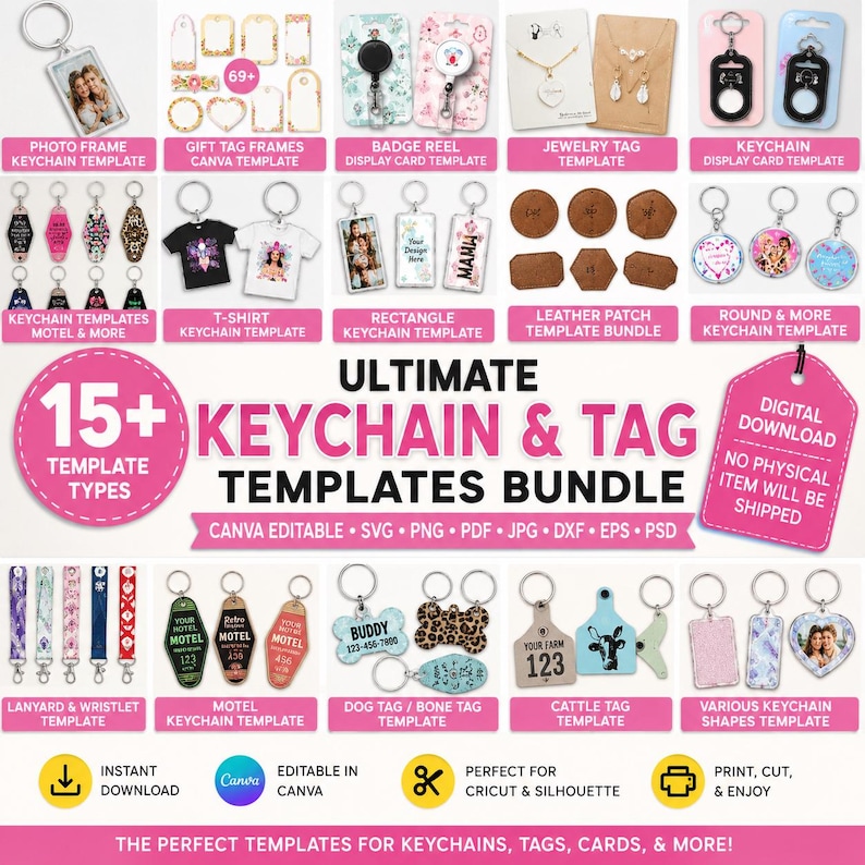 Keychain Templates Bundle, Canva Editable Keychain Designs, Sublimation Keychain SVG PNG PDF, Rectangle Motel Circle Heart Keychain Template, Photo Frame Keychain, Dog Tag Cattle Tag Jewelry Tag Display Card, Cricut Silhouette Digital Download DIY Gift Tags Party Favor Templates
Digital product only. No physical item will be shipped or delivered.