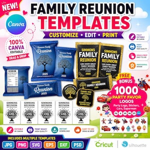 May include: A promotional image for family reunion templates. The design features various blue and gold-colored templates for party favors, including candy wrappers, stickers, and labels. The text includes "Family Reunion Templates," "Customize, Edit, Print," and "2025."