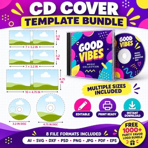 以下が含まれることがあります： GOOD VIBESというテキストとカラフルな抽象デザインが施されたCDケースとディスクを含むCDカバーテンプレートバンドル。17.78 x 8.13 cmや25.4 x 12.07 cmなどの寸法を持つ様々なレイアウトテンプレートと、編集可能、印刷可能、即時ダウンロードを示すアイコンが含まれています。