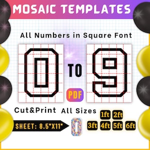 Puede incluir: Plantillas digitales de números de mosaico del 0 al 9 en fuente cuadrada. El diseño incluye una cuadrícula para cortar e imprimir fácilmente, con tamaños de 30 cm a 183 cm. El tamaño de la hoja es de 21,6 cm x 28 cm.