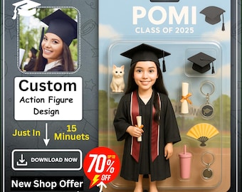 May include: A custom graduation action figure design with a black cap and gown, a red sash, a diploma, a cat, a graduation cap, a key chain, a fan, and a pink cup. The figure is labeled "POMI CLASS OF 2025".