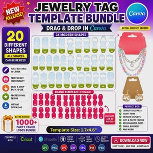 May include: Jewelry tag template bundle with 20 different shapes, drag and drop in Canva. Includes 36 modern shapes, fully editable, print-ready, and easy to use. Template size is 1.7x4.6 inches. Perfect for jewelry businesses, craft fairs, and personalized gifts.