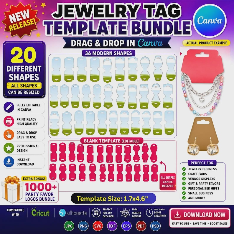 May include: Jewelry tag template bundle with 20 different shapes, drag and drop in Canva. Includes 36 modern shapes, fully editable, print-ready, and easy to use. Template size is 1.7x4.6 inches. Perfect for jewelry businesses, craft fairs, and personalized gifts.