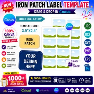 Puede incluir: Una plantilla de etiqueta de parche de planchado con el texto "Iron Patch Label Template" y "Drag & Drop in Canva". La plantilla incluye un tamaño de hoja de 21,6 cm x 27,9 cm y un tamaño de plantilla de 9,9 cm x 6,1 cm. También incluye una bonificación de más de 1000 logotipos de recuerdos de fiesta.