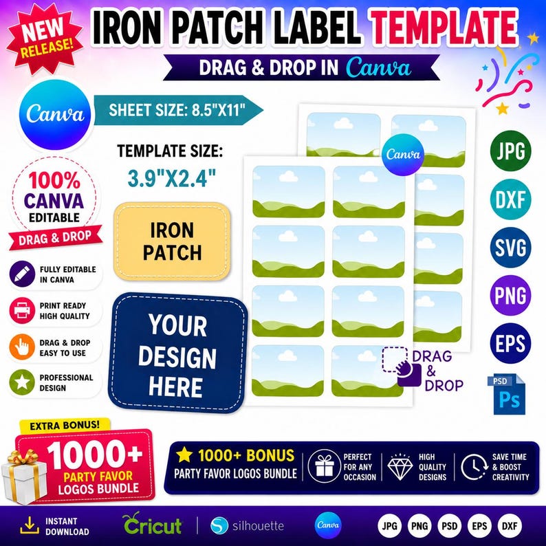 Iron Patch Template, Rectangle Iron Patch Template, Iron on Patch Sublimation Template, Hat Patch Template, Editable Canva Drag and drop
