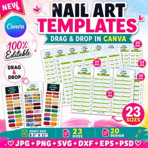 May include: A promotional graphic for nail art templates, featuring the text "NAIL ART TEMPLATES" and "DRAG & DROP IN CANVA." The design includes various nail art examples, size indicators, and file format icons. The graphic is 8.5" x 11" and offers 23 sizes and 20 designs.