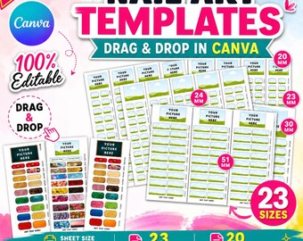 Paquete de plantillas para decoración de uñas, plantilla para decoración de uñas, plantilla de calcomanías para decoración de uñas, diseño de uñas cuadradas, calcomanías para decoración de uñas francesas, Canva editable con función de arrastrar y soltar.