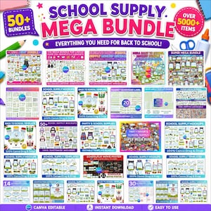 Può includere: Una grafica vivace che promuove un mega pacchetto di materiale scolastico. L'immagine presenta vari mockup, modelli ed elementi per le esigenze di ritorno a scuola. Il testo include "50+ Bundles", "Over 5000+ Items" e "Everything You Need for Back to School!"