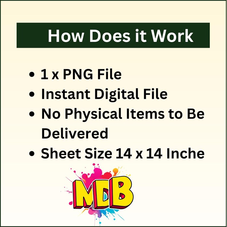 May include: A digital product information graphic with the headline "How Does it Work." The text explains the product includes a PNG file, is an instant digital file, and no physical items are delivered. The sheet size is 14 x 14 inches.