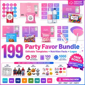 Editable Party Favor Templates Bundle, Chip Bag, Water Bottle Labels,Party Favors, Chip Bag, Capri Sun Labels, Chocolate Bar Wrapper