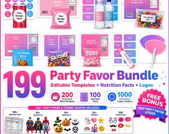Editable Party Favor Templates Bundle, Chip Bag, Water Bottle Labels,Party Favors, Chip Bag, Capri Sun Labels, Chocolate Bar Wrapper
