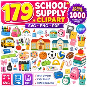 Zestaw clipartów z artykułami szkolnymi, clipart kawaii, urocze cliparty z powrotem do szkoły, urocze artykuły papiernicze w formacie PNG, kolorowe artykuły papiernicze, naklejki do nauki