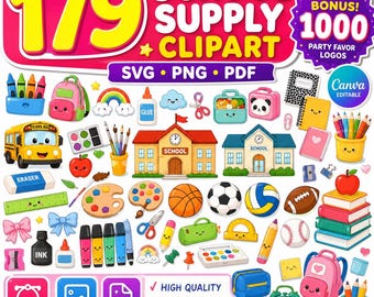 School Supplies Clipart Bundle, Kawaii Clipart, Cute Back to School Clipart, Adorable Stationery PNG, Colorful Stationery, Study Stickers