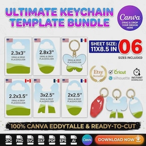 May include: A digital template bundle for keychains, featuring six different sizes, including 2.3x3 inches, 2.8x3 inches, and 3x2.5 inches. The design includes drag-and-drop placeholders and is ready to cut. The bundle is compatible with Canva.