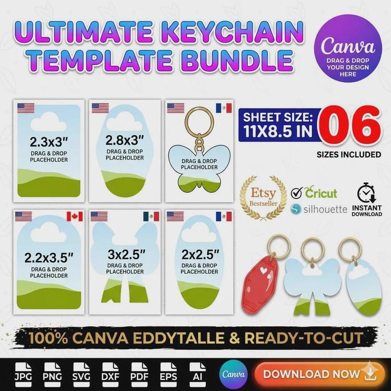 May include: A digital template bundle for keychains, featuring six different sizes, including 2.3x3 inches, 2.8x3 inches, and 3x2.5 inches. The design includes drag-and-drop placeholders and is ready to cut. The bundle is compatible with Canva.