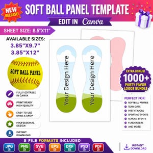 Puede incluir: Plantilla de panel de softbol con elementos de diseño editables. Incluye tamaños de 9,78 cm x 24,64 cm y 9,78 cm x 30,48 cm. Presenta un gráfico de softbol y el texto "Your Design Here". Incluye 8 formatos de archivo y un paquete de logotipos de regalos de fiesta.