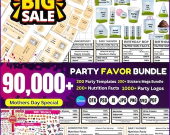 90000+ Party Favor Templates Bundle, Party Favor Logos, Water Bottle Labels, Chip Bag Template, party favours, Chocolate Bar, Party Favours