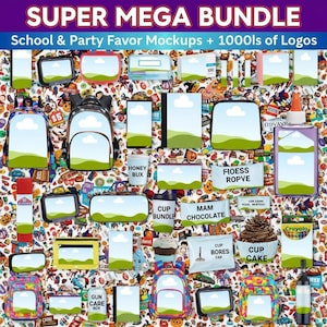 May include: A collage of school and party favor mockups with the text "SUPER MEGA BUNDLE" and "School & Party Favor Mockups + 1000s of Logos". The image includes backpacks, cupcakes, and other school supplies.