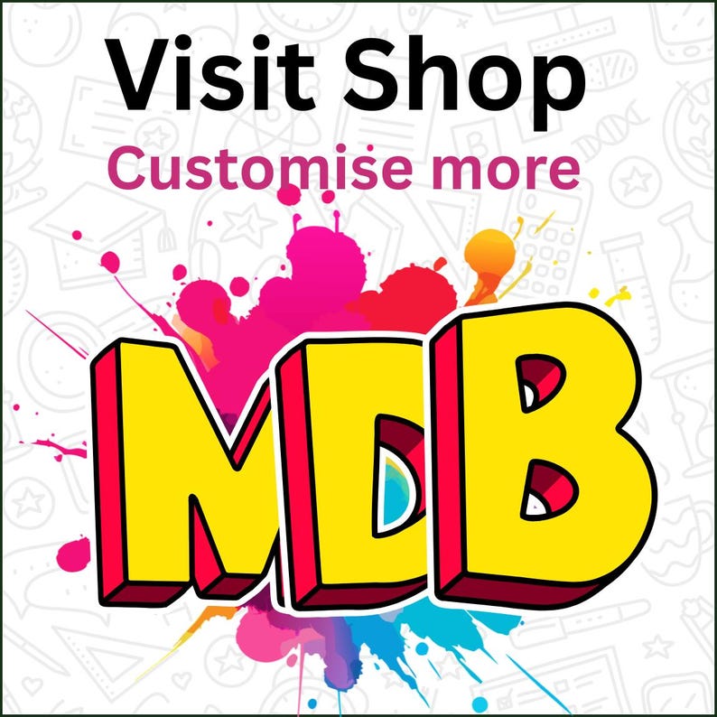 May include: A graphic with the text "Visit Shop" in black and "Customise more" in pink. The letters "MDB" are in yellow with red outlines and a shadow effect, set against a white background with colorful paint splatters.