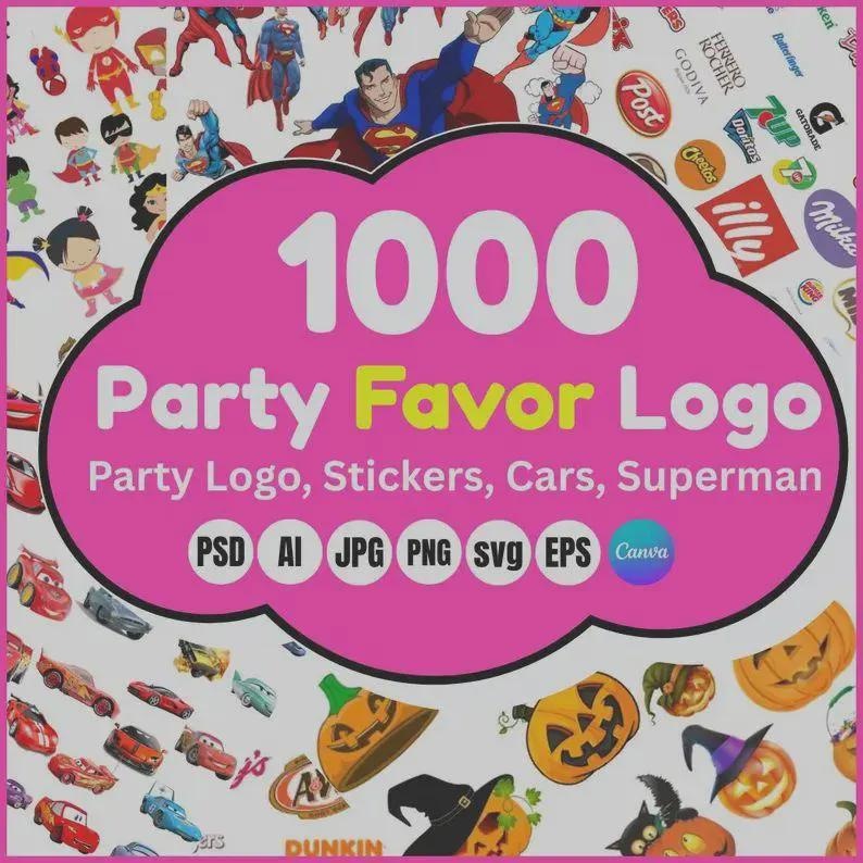 以下が含まれることがあります： 「1000 Party Favor Logo」のテキストとサポートテキストを含む、ピンクの雲の形をしたグラフィック。画像には、車、カボチャ、スーパーヒーローのイラストと、さまざまなファイル形式のアイコンが含まれています。