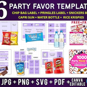 Lot de 6 modèles de bonbonnière, modèle de sac de chips, étiquettes de bouteilles d'eau, barre de chocolat, modèle Pringles, bonbonnière, SVG, toile modifiable