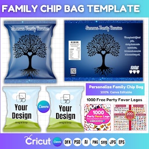 May include: A family chip bag template with a blue and white design. The design includes a tree graphic with the text "Simmons Family Reunion". The template is customizable and includes 1000 free party favor logos. The template is editable with Canva.