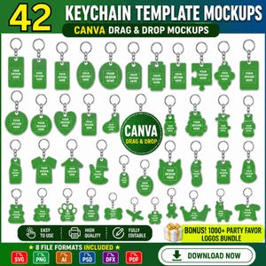 May include: A collection of 42 green keychain mockups in various shapes, including rectangles, ovals, and novelty designs. Each keychain has a silver ring and the text "YOUR DESIGN HERE". The image also includes the text "CANVA DRAG & DROP MOCKUPS".