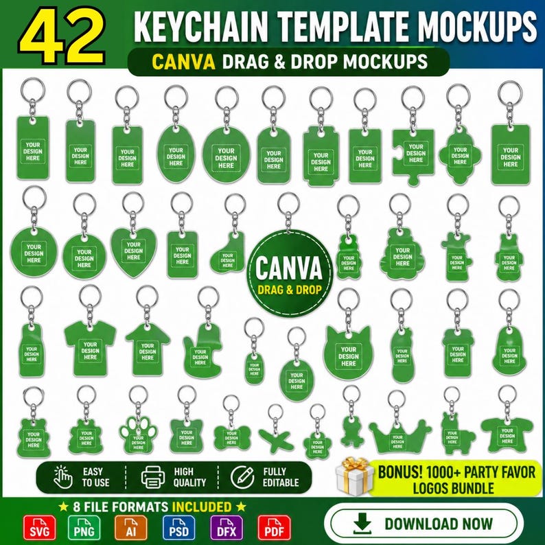May include: A collection of 42 green keychain mockups in various shapes, including rectangles, ovals, and novelty designs. Each keychain has a silver ring and the text "YOUR DESIGN HERE". The image also includes the text "CANVA DRAG & DROP MOCKUPS".