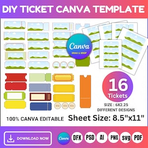 May include: A digital template for DIY tickets, featuring various designs and layouts. The image includes a Canva logo, the text "DIY Ticket Canva Template", and the sheet size is 8.5"x11". There are 16 tickets with different designs.