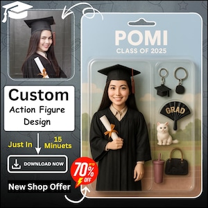 May include: A graduation themed action figure set with a custom photo of a person wearing a graduation cap and gown. The set includes a graduation cap, a fan with the word "GRAD" on it, a keychain with a graduation cap, a keychain with a tassel, a small white cat, a brown cup with a lid, and a black purse.