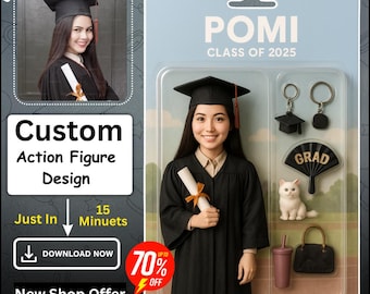 May include: A graduation themed action figure set with a custom photo of a person wearing a graduation cap and gown. The set includes a graduation cap, a fan with the word "GRAD" on it, a keychain with a graduation cap, a keychain with a tassel, a small white cat, a brown cup with a lid, and a black purse.